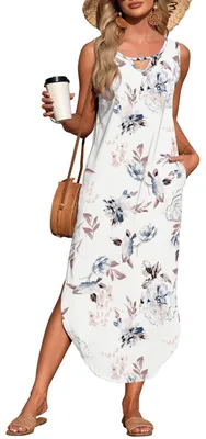 Produktbild von AUSELILY Sommer-Maxikleid für Damen ärmellos Weiße Blumen S