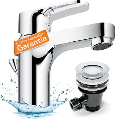 Produktbild von eisl Waschbeckenarmatur CLAUDIO, Waschtischarmatur mit Zugstange, Wasserhahn Bad mit Ablaufgarnitur, Chrom