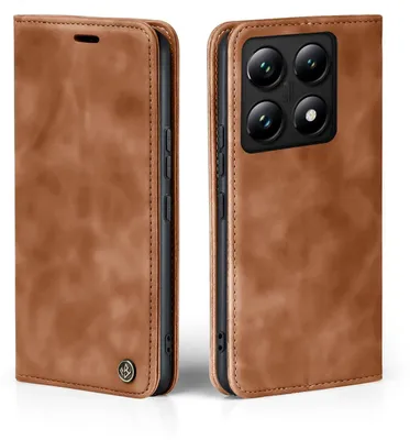 A brown flip case for a smartphone is shown from two angles.