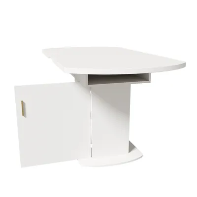 Produktbild von MODFU Esstisch Esszimmertisch Oval, Ausziehbarer Esstisch Küchentisch mit Stauraum, Kaffee-Freizeittisch Tisch moderner minimalistischer Esstisch für Esszimmer Wohnzimmer, Betonoptik+gold Griff, Weiß