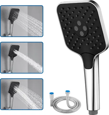 Produktbild von Auralum Handbrause mit 150 cm Edelstahlschlauch, Duschkopf mit 3 Strahlarten und Anti-Verbrühschutz, Chrom + Schwarz