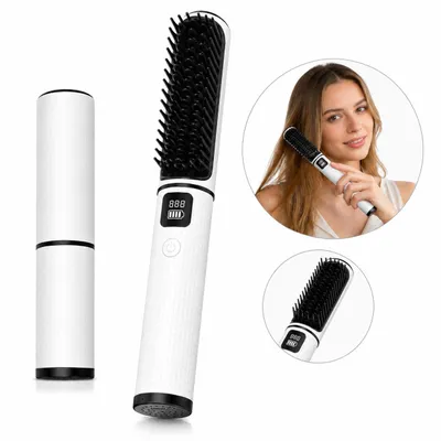Produktbild von Kabellose Haarglätter Bürste 2 in 1, Mini Lockenstab und Glätteisen mit Keramikheizung, Ionen Technologie, 4 Temperaturstufen, USB Akku, Reise