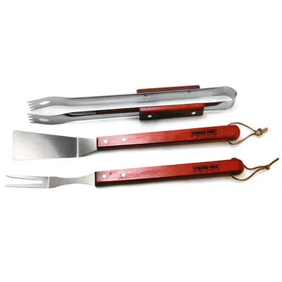 Image de Ustensiles pour griller, griller, barbecue, acier inoxydable, manche en bois, set de 3 pièces