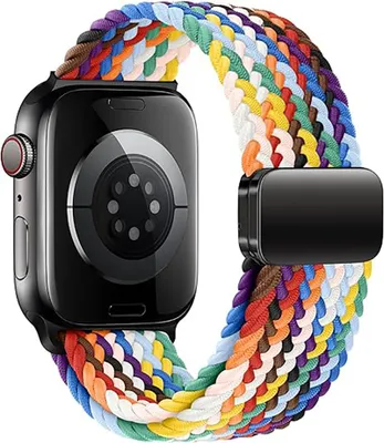 Produktbild von FFO2World geflochtenes Nylonarmband mit Magnetverschluss für Apple Watch 38–42 mm – Elastisch & verstellbar, kompatibel Serie 1–11, Regenbogen