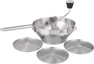 Produktbild von Dr. Oetker Passiergerät Edelstahl, inkl. 3 auswechselbaren Lochscheiben, zum Passieren von Obst und Gemüse, für Konfitüre, Pürees, Suppen, Saucen und Babynahrung, (Farbe: silber), Menge: 1 Set (4tlg.)