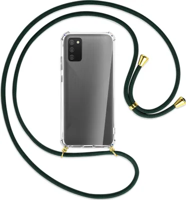 Produktbild von Handykette Backcover-Schutzhülle mit Band (Metall goldfarben) für Samsung Galaxy A02s - dunkelgrün