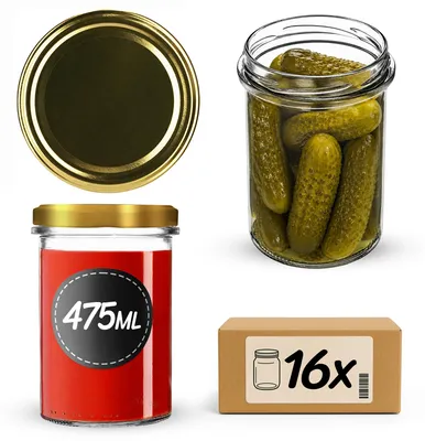 Produktbild von KADAX Einmachgläser 475ml mit Ø 82 mm Schraubdeckel, Marmeladengläser, Schraubgläser zum Einkochen, Einmachen und Aufbewahren von Marmelade & Honig (Gold, 16 Stück)