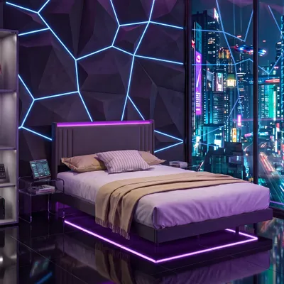 Image de Lit rembourré BEALIFE 140x200 cm avec fonction de charge USB, éclairage LED et tête de lit | Structure en métal, hauteur sous lit de 18 cm | Gris foncé, modèle BF29