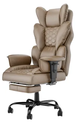 Obrázok produktu pre QEENTOE Ergonomická kancelárska stolička, hnedá, s vysokou opierkou, podnožkou, otočná stolička potiahnutáPolyuretánkožou s kolieskami a polstrovanými opierkami, pohodlná kancelárska stolička pre domáce a kancelárske prostredie