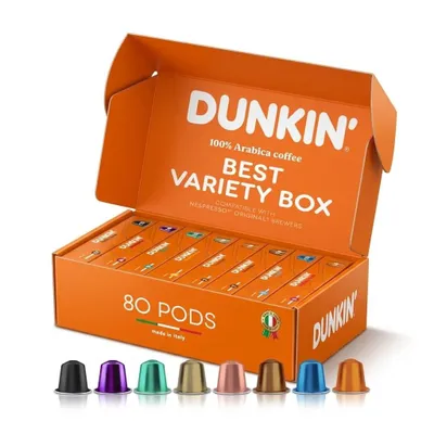 Produktbild von Dunkin Premium Kaffeekapseln 80 Kaffeekapseln – Selektion Box mit 8 Sorten zum Entdecken, 100% Arabica, kompatibel mit Nespresso®*³ Kapselmaschinen