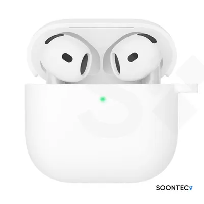 Zdjęcie produktu dla SOONTEC Etui do AirPods 4 generacji Silikonowe etui ochronne na słuchawki Slim Cover w kolorze białym z karabińczykiem