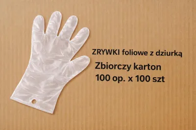 Produktbild von Karton mit 10.000 klassischen HDPE Einmalhandschuhen, mit Aufhängeloch – praktische Folienhandschuhe für den Alltag