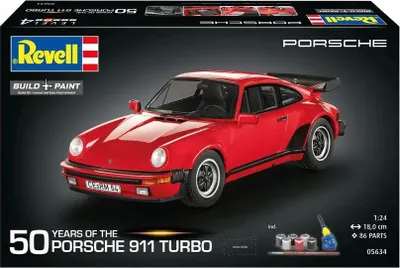 Produktbild von Revell Geschenkset 50 Jahre Porsche 911 Turbo im Maßstab 1:24 | Modellbausatz mit vielen Details inkl. Basisfarben, Modellbaukleber und Pinsel | Länge 18 cm | Teileanzahl 86