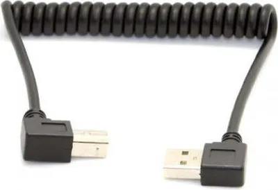 Produktbild von SYSTEM-S USB A Stecker 90° Grad Links Gewinkelt zu USB Typ B Stecker 90° Rechts Gewinkelt Spiralkabel Kabel 35-80 cm
