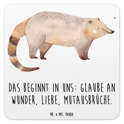 Produktbild von Mr. & Mrs. Panda Tassenuntersetzer Nasenbär 6er Set - Weiß - Geschenk, Nasenbären, Untersetzer für Gläser, Lustige Sprüche, Glas-Untersetzer, Rüsselbär, Tischuntersetzer