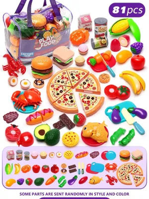 Produktbild von Kinder Küchenspielzeug Schneideset mit Obst, Gemüse & Pizza, Rollenspiel Zubehör, Geschenkset mit Tragetasche