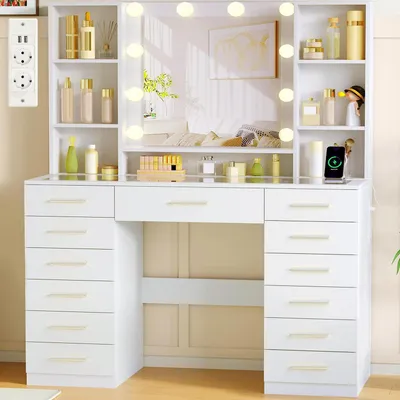 Image de Table de maquillage avec éclairage LED, miroir, prises électriques, plateau en verre, 13 tiroirs, 7 étagères, blanche