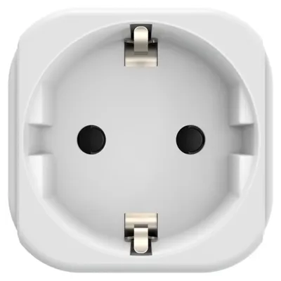 A close-up, front-facing view of a white electrical adapter with metallic contacts.