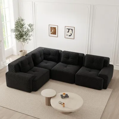 Produktbild von Modulares Ecksofa aus Cordstoff, Schwarzes 4-Sitzer Sofa, Rahmenloses Tiefsitzsofa, Kratzfest und ohne Montage, 295x206x69 cm