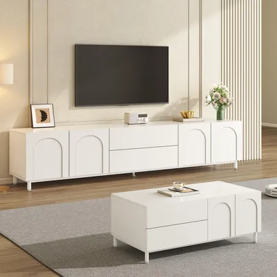 Productafbeelding van Merax woonkamer meubelset, TV-kast met salontafel, wandmeubelset met boogdeuren, opbergruimte met lades, stalen poten, woonkamer meubelset, wit