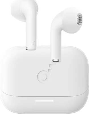 A pair of white wireless earbuds and their charging case are displayed against a white background.