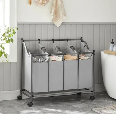 Produktbild von SONGMICS Wäschekorb, mit 4 abnehmbaren Stofftaschen, Rollen, 4 x 35 L, grau