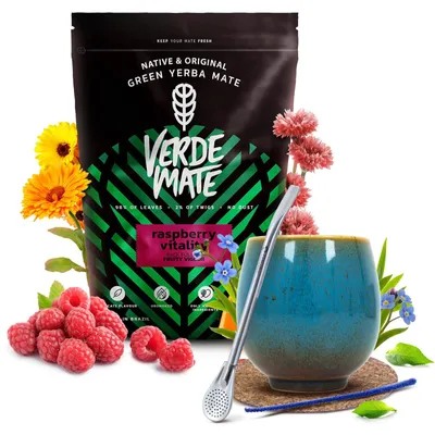 Produktbild von Verde Mate - Mate Tee Set Raspberry Vitality 500g - Yerba Mate Dicke Blätter 5mm - Keramik Becher Isla 220ml, Bombilla - Mild Luftgetrocknet