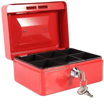 Produktbild von Unyqoos® Geldkassette aus Stahl mit Schlüsselschloss (2 Schlüssel), feuer- und wasserbeständig, tragbarer Safe 8×15×12 cm, rot, für Zuhause & Reise