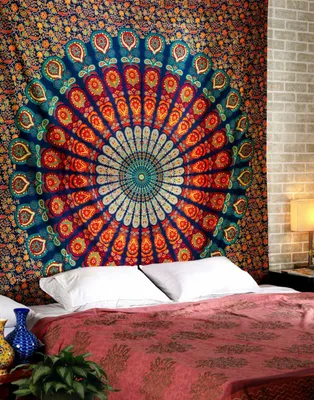 Image de Topchances Tapisserie indienne Mandala Gris argent/Indienne Tapisserie bohème Tapis de yoga Couverture de pique-nique Draps de plage (rouge + vert, 150 x 205cm)