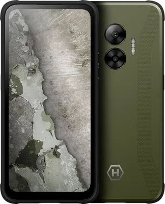 A rugged, green smartphone is shown from the front and back.