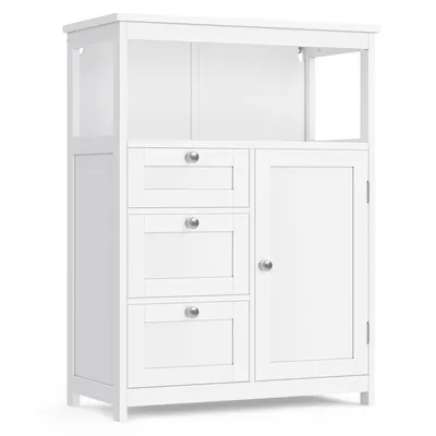 A white bathroom cabinet with three drawers and a single door.