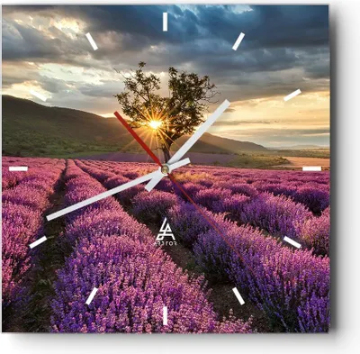 Produktbild von Wanduhr - Quadrat - Glasuhr - Lavendel Berge Feld - 30x30cm - Schleichendes Uhrwerk - Lautlos - zum Aufhängen bereit - Dekoration Modern - Wanddekoration aus Glas - C3AC30x30-3645