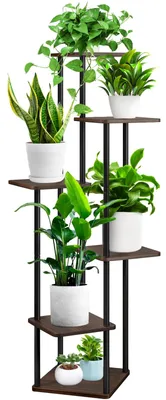 Produktbild von 6-stöckiges Blumenregal aus Holz, Pflanzenregal, mehrstufiger Blumenständer, Blumenbank, Blumenleiter, Pflanzenregal, Stehregal für den Innengarten, Balkondekoration (schwarze Eiche)