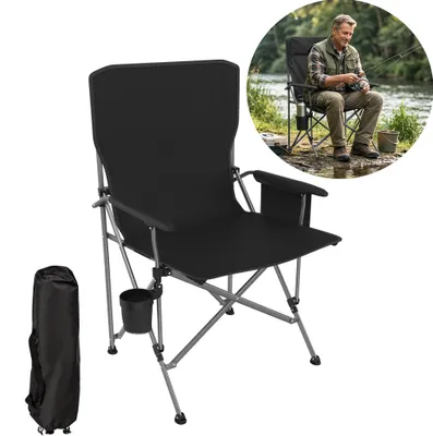 Image de Chaise de pêche pliable XINZI avec structure en acier, porte-gobelet et poche latérale, portable pour le camping, la pêche, le jardin et les activités de plein air, noir
