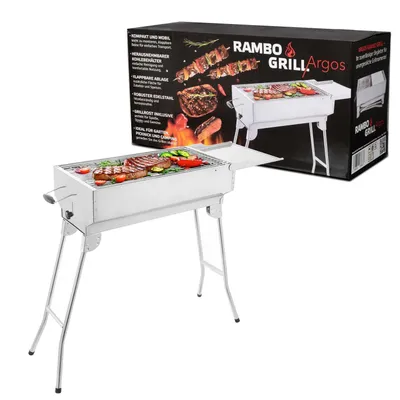 A product shot of a Rambo Argos charcoal grill, with its packaging in the background.