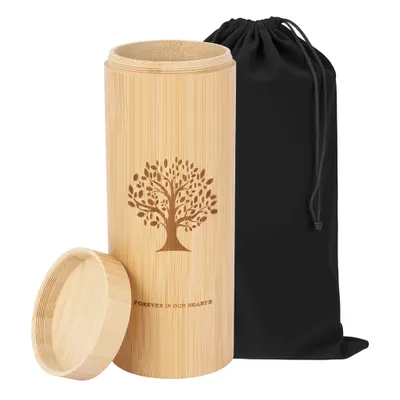 Produktbild von Mittlere Bambus-Urne für menschliche Asche & Haustierasche, Gedenkurne mit Schraubdeckel und eingraviertem Lebensbaummuster, Streuröhren, 9 x 23 cm