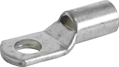 A single metal electrical connector on a white background.