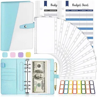 Produktbild von Finanzmap mit Kassenbögen - A6 Polyurethanleichtes Finanzplaner-Set - Füllbare Finanznotizbuch mit 6 Löchern und transparentem A6-Feld - Finanzorganizer - Gestickte Mappe - Finanzmanagement-Notizbuch - 13*19 cm