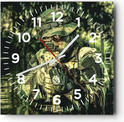 Produktbild von Wanduhr - Quadrat - Glasuhr - Soldat Gewehr - 30x30cm - Schleichendes Uhrwerk - Lautlos - zum Aufhängen bereit - Dekoration Modern - Wanddekoration aus Glas - C4AC30x30-3945