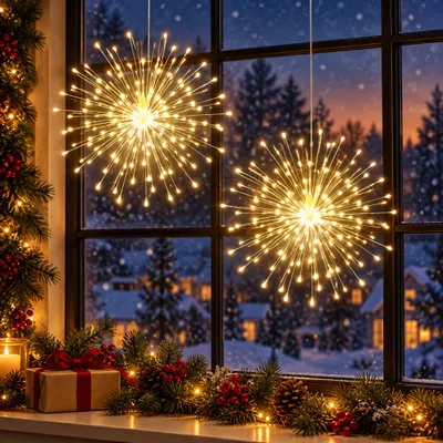 Produktbild von 2x 200 LED Sternburst Lichter Warmweiß Feuerwerk Lichterkette Kupferdraht Fenster Hängelampe Deko Batterie 8 Modi dimmbar Fernbedienung Weihnachtsdeko