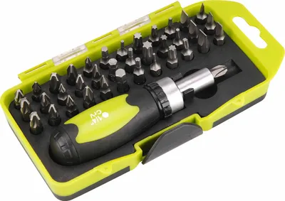 A set of screwdrivers and bits in a case.