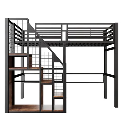 Produktbild von Flieks Etagenbett 90x200cm mit Treppe, Hochbett Kinderbett mit Staufach und Kleiderstange, Metallbett Einzelbett Jugendbett mit Lattenrost, Schwarz