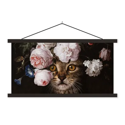 Produktbild von MuchoWow® Textilposter Katze - Blumen - Tiere 120x60 cm mit schwarzem Rahmen - Dekoration Schlafzimmer