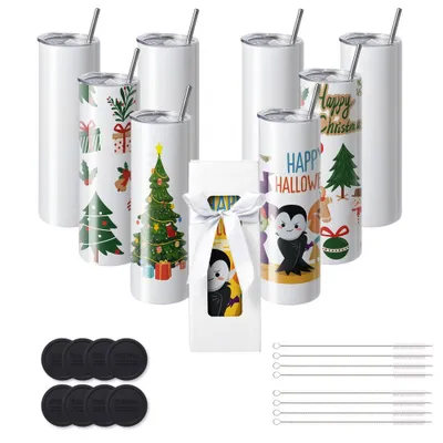 Immagine prodotto di confezione da 8 tazze a sublimazione lisce, 887 ml, tazza a doppia parete in acciaio inox con cannuccia, coperchio, pennello, base, involucro termoretraibile, confezione regalo, per stampa a caldo e trasferimento termico.