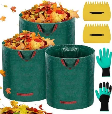 Produktbild von Famanu Set von 3 Gartenabfallsäcken, 300 l + 500 l, faltbar, stabile Gartenbeutel mit Laubrechen und Handschuhen