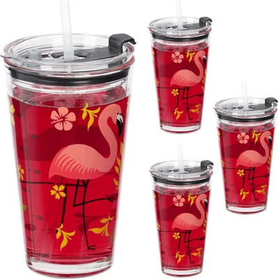 Image de Lot de 4 verres Relaxdays, motif flamant rose, avec couvercle et paille, 450 ml, verres en verre pour enfants, verres à smoothie, transparents