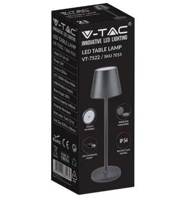 Produktbild von V-TAC VT-7522 LED-Tischleuchte 2 W warmweiß 3000 K mit 4400 mA Akku, kabelloses Laden, EIN/AUS-Taste, dimmbar, Touch-Farbe, Schwarz, IP54 – SKU 7652