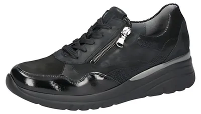 Produktbild von Waldläufer Damen Sneaker Schwarz mit Reißverschluss, Schnürung und Lack-Akzenten