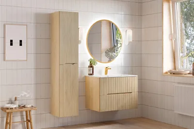 Produktbild von Badmöbel Set 3-tlg Badezimmerset AVOLI Cremona Eiche Spiegel Gold inkl. Waschtisch