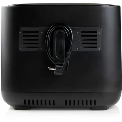 The back of a black air fryer is shown.